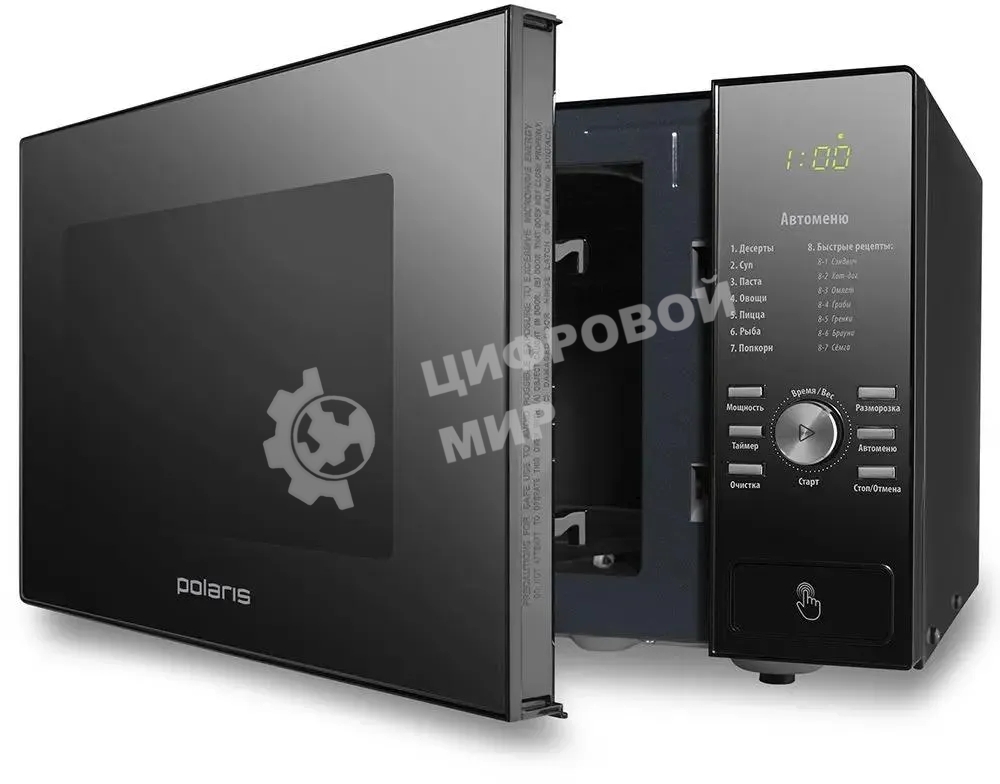 Микроволновая печь Polaris PMO 2303D RUS черный, 23 л, 900 Вт, переключатели- кнопки, поворотный механизм