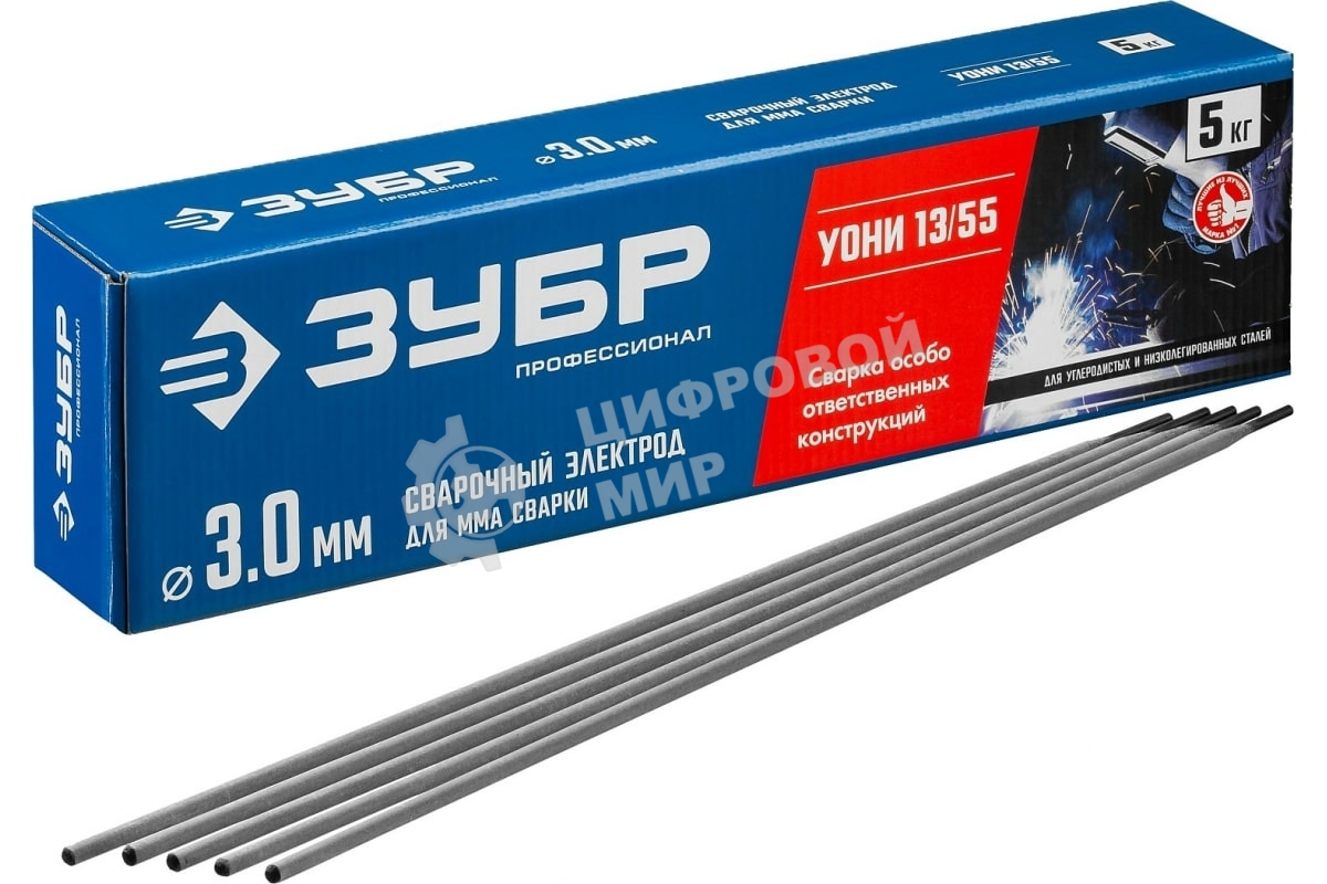 Электрод Зубр сварочный УОНИ 13/55 с основным покрытием, для ММА сварки, d 3.0 х 350 мм, 5 кг в коробке, Профессионал.