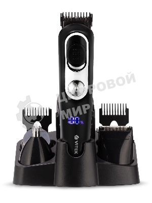 Триммер Vitek VT-2549 BK Питание сеть/аккумулятор. Встроенная аккумуляторная батарея Li-ion 700 mAh 3,7V. Время зарядки 90мин. Время автономной работы 45мин. Влажная очистка. Детальный триммер. Индикатор зарядки. ЖК дисплей с индикацией процента зарядки батареи. Число установок длины 11. Максимальная длина стрижки 12мм. Минимальная длина стрижки 0,4. Способ регулировки длины регулировкой длины лезвий/сменой насадок. Материал лезвий высокачественная сталь. Число насадок 5. Стрижка бороды. Триммер для носа/ушей. Насадка для бритья. Аксессуары: Щеточка, смазочное масло. Низкий уровень вибрации и шума.