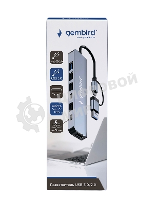 Разветвитель USB3.0/2.0 Gembird UHB-C445, USB3.0, 4хUSB2.0, Type-C, с доп.питанием (порт Type-C), кабель Type-C/USB 17см, алюминий, коробка
