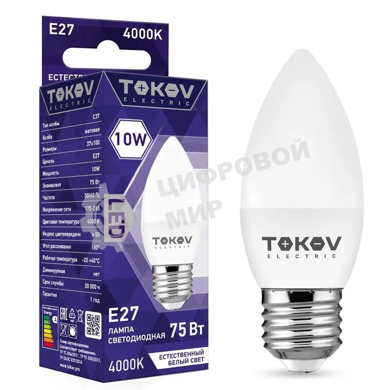 Лампа светодиодная TOKOV ELECTRIC 10Вт С37 4000К Е27 176-264В