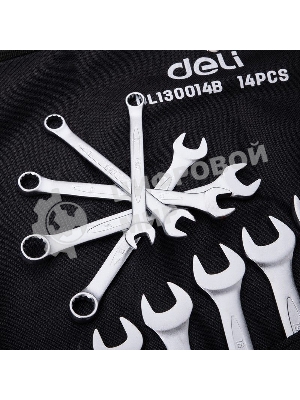 Набор комбинированных гаечных ключей 14 шт Deli DL130014B Спецификация: 10 мм, 11 мм, 12 мм, 13 мм, 14 мм, 16 мм, 17 мм, 18 мм, 19 мм, 21 мм, 24 мм, 27 мм, 30 мм, 32 мм. Матовая хромированная поверхность. Тканевая упаковка.