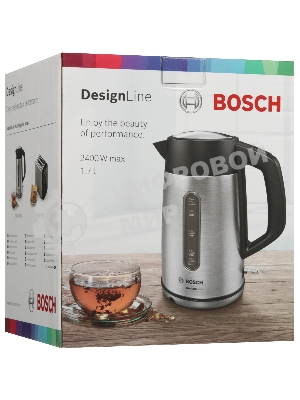 Чайник электрический Bosch TWK4P440 1.7 л, 2400 Вт, нержавеющая сталь/черный (корпус: нержавеющая сталь)