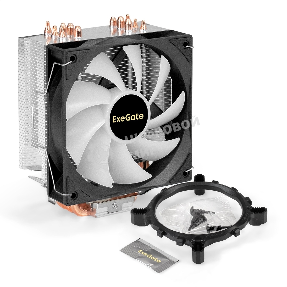 Кулер ExeGate Wizard EXX600-PWM.FRGb (Al+Cu, 6 тепл.трубки, LGA775/1150/1151/1155/1156/1200/1700/1851/AM2/AM2+/AM3/AM3+/AM4/AM5/FM1/FM2/754/939/940, TDP 180W, Fan 120мм PWM, 800-2400RPM, Hydro bearing, 4pin, 11-24db, 540г, FRGb подсветка, с термопастой, н