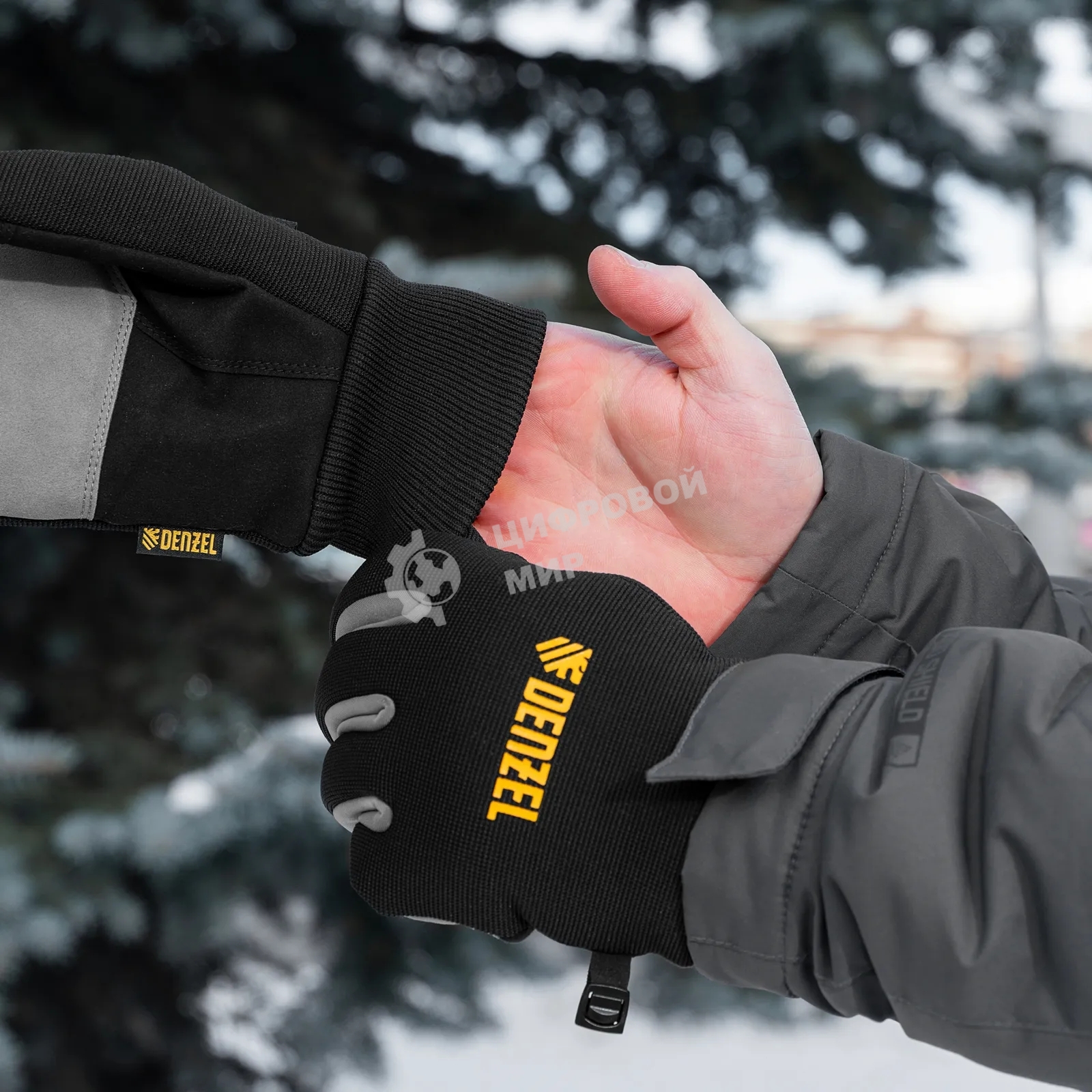 Перчатки универсальные Denzel 68094 двойные, работа с сенсорным экраном, вязаная манжета, размер 10