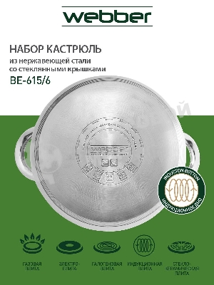Набор посуды WEBBER BE-615/6 из нерж.стали 6 пр. 2,9 л, 5,1 л, 6,6 л со стеклянными крышками В наборе 6 предметов: кастрюля со стеклянной крышкой 18х11,5 см; 2,9 л кастрюля со стеклянной крышкой 22х13,5 см; 5,1 л кастрюля со стеклянной крышкой 24х14,5 см; 6,6 л Толщина стали 0,5 мм