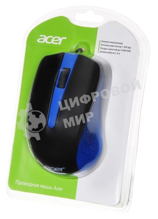 Мышь проводная Acer OMW011 черный/синий, 1200 dpi, USB, кнопки - 3