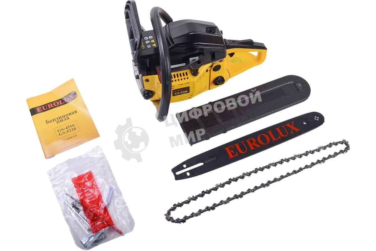 Бензопила Eurolux GS-5220 2400 Вт,Длина шины мм/дюймы 505/20” Объем двигателя см3 52 70/6/8