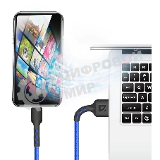 Кабель Defender F181, USB 2.0 (AM) - Type-C, 1 м, 2.4А, нейлоновая оплетка, синий.