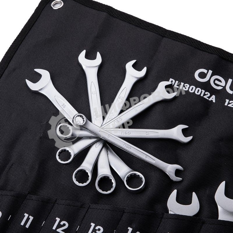 Набор комбинированных гаечных ключей 12 шт Deli DL130012A Спецификация: 6 мм, 8 мм, 10 мм, 11 мм, 12 мм, 13 мм, 14 мм, 15 мм, 17 мм, 19 мм, 22 мм, 24 мм. Матовая хромированная поверхность. Тканевая упаковка.