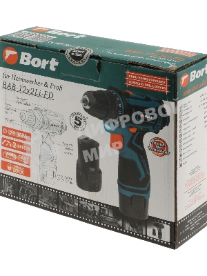 Дрель-шуруповерт Bort BAB-12x2Li-FD, 12 В, 1,5 Ач, 36 Нм, щеточный