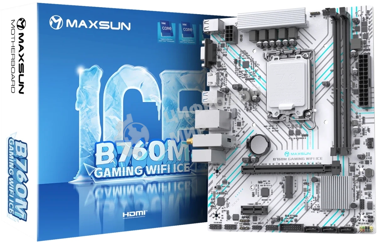 Материнская плата Maxsun B760M GAMING WIFI ICE, LGA 1700, Intel B760, 2xDDR4, 3xSATA, 1xM.2, 1xPCIe 4.0 x16, 1xPCIe x1, 1xVGA, 1xHDMI, 1x1Gb LAN, Wi-Fi 5, Bluetooth 4.2, 2xUSB-A 5Gbps, 4xUSB-A 2.0, 3x3.5 мм, 7.1, белый, mATX