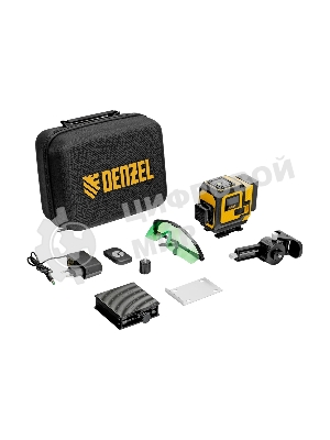 Лазерный уровень мультипризменный Denzel DLV-360-3C, 30 м, зеленый луч, Li-Ion 2,4 Aч, кейс