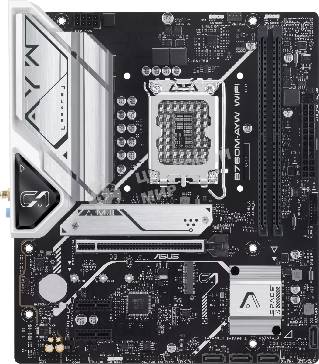 Материнская плата ASUS B760M-AYW WIFI-SI, LGA 1700, Intel B760, 2xDDR5, 4xSATA, 2xM.2, 1xPCIe 4.0 x16, 2xPCIe 4.0 x1, 1xHDMI, 1x2.5Gb LAN, Wi-Fi 6, Bluetooth 5.3, 4xUSB-A 5Gbps, 2xUSB-A 2.0, 3x3.5 мм, 7.1, mATX