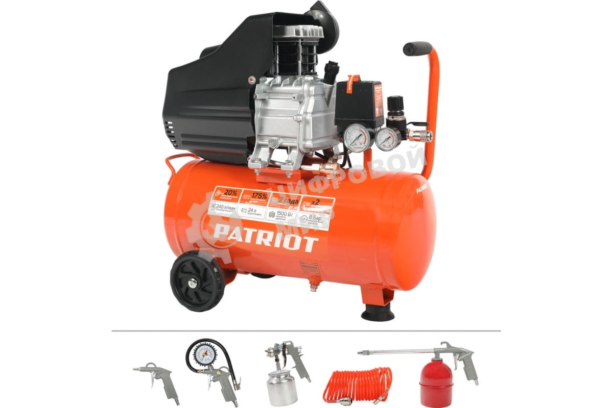 Компрессор Patriot EURO 50-260К 525306316 Мощность: 1.8 кВт; Напряжение: 230В~50Гц; Обороты двигателя: 2850 об/мин; Производительность: 260 л/мин; Объем ресивера: 50 л; Давление: 8 бар; Вес: 28,5