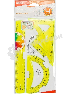 Набор линеек Deli EG00402 Pioneer, пластик, длина 20см, ассорти, флуорисцентный, в комплекте: линейка 20см / треугольник 2шт / транспортир, пластиковый пакет с европодвесом