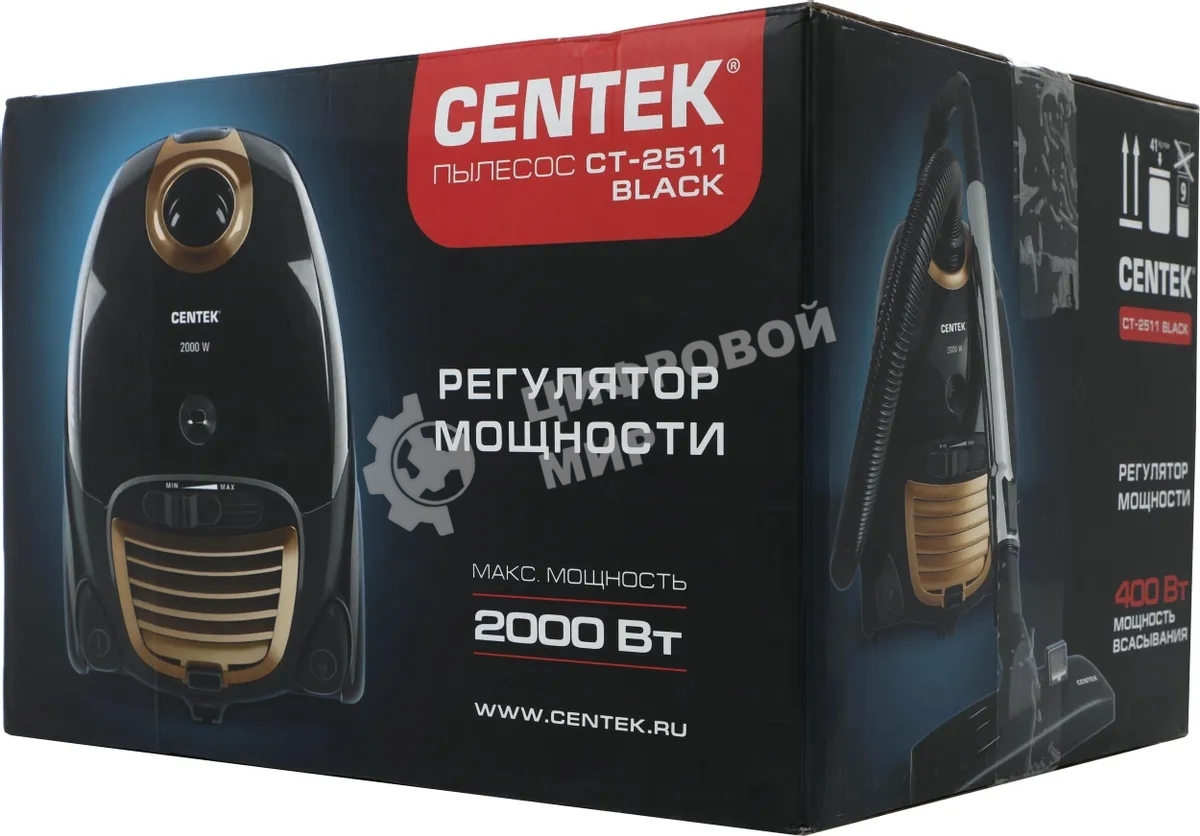 Пылесос Centek CT-2511 черный/желтый, 400/2000 Вт, уборка сухая, пылесборник мешок 2 л