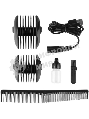 Набор для стрижки Galaxy Line GL 4165, черный, 3 Вт, время непрерывной работы до 1,5 ч, время зарядки около 2 часов, аккум. Li-Ion 3,7 В, емкость аккум. 600 мА*ч, лезвия из нержав. стали, ширина лезвия 40 мм, 2 насадки-расчески (3 и 6 мм, 9 и 12 мм), USB зарядка