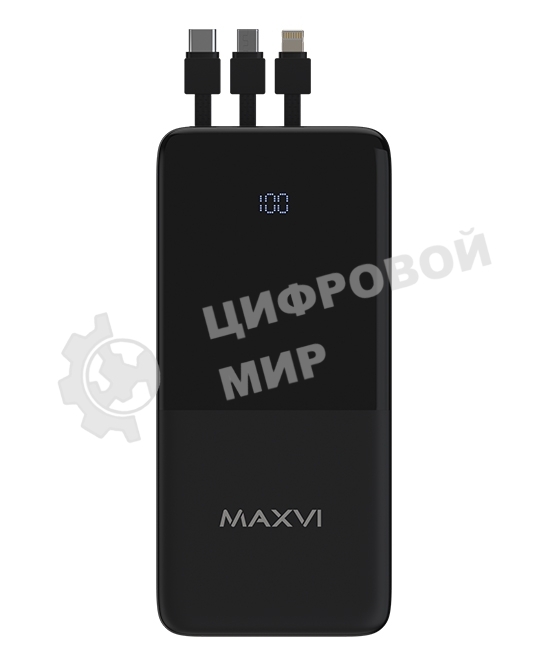Портативный аккумулятор Maxvi PB10-09 10000 мАч, 2A USB + кабели: Type-C/Lightning/MicroUSB