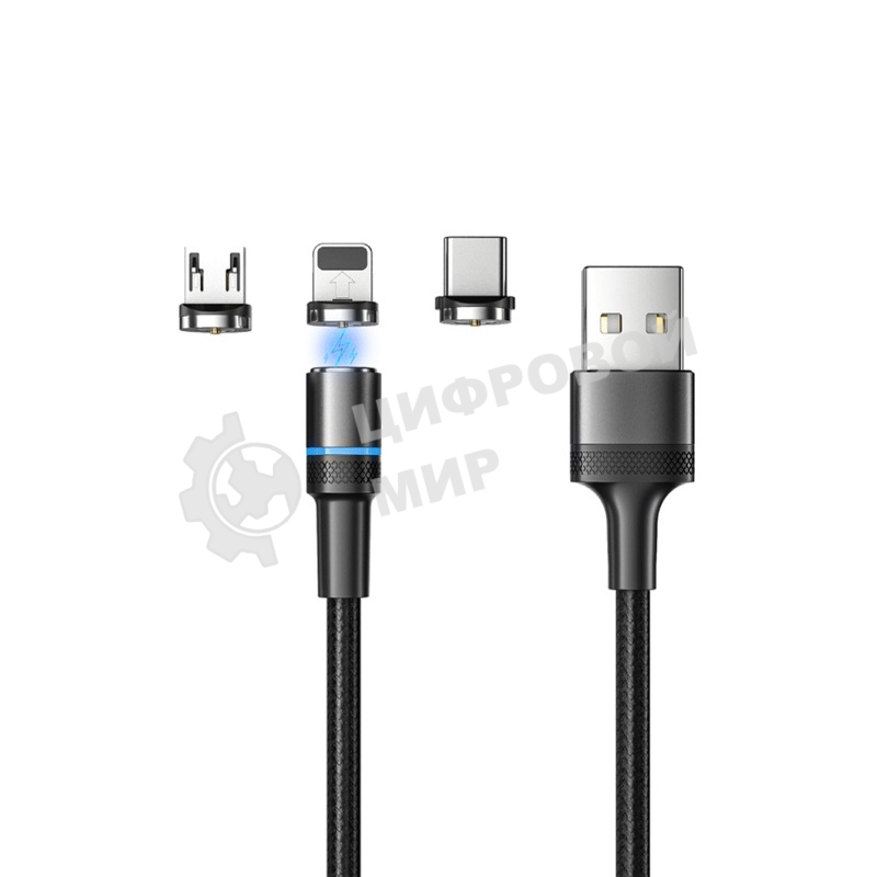 Кабель USB Rexant 3в1 со съемными магнитными портами, Type-С (2A), Lightning (2,4A), Micro USB (2A), 1,2м, в черной оплетке, с LED подсветкой