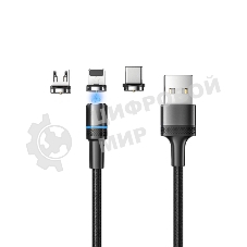 Кабель USB Rexant 3в1 со съемными магнитными портами, Type-С (2A), Lightning (2,4A), Micro USB (2A), 1,2м, в черной оплетке, с LED подсветкой