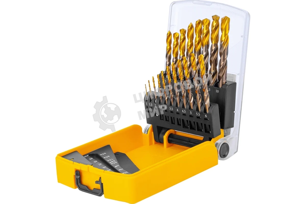 Набор сверл по металлу Denzel 1-10 мм, Р6М5К8-TiN, Golden Tip, 19 шт 723008
