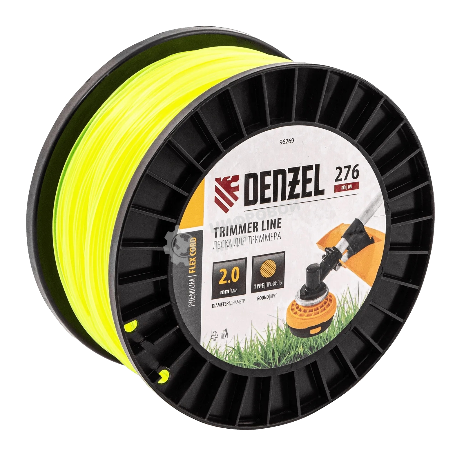 Леска для триммера Denzel круглая, 2,0мм х 276м, на DIN катушке FLEX CORD