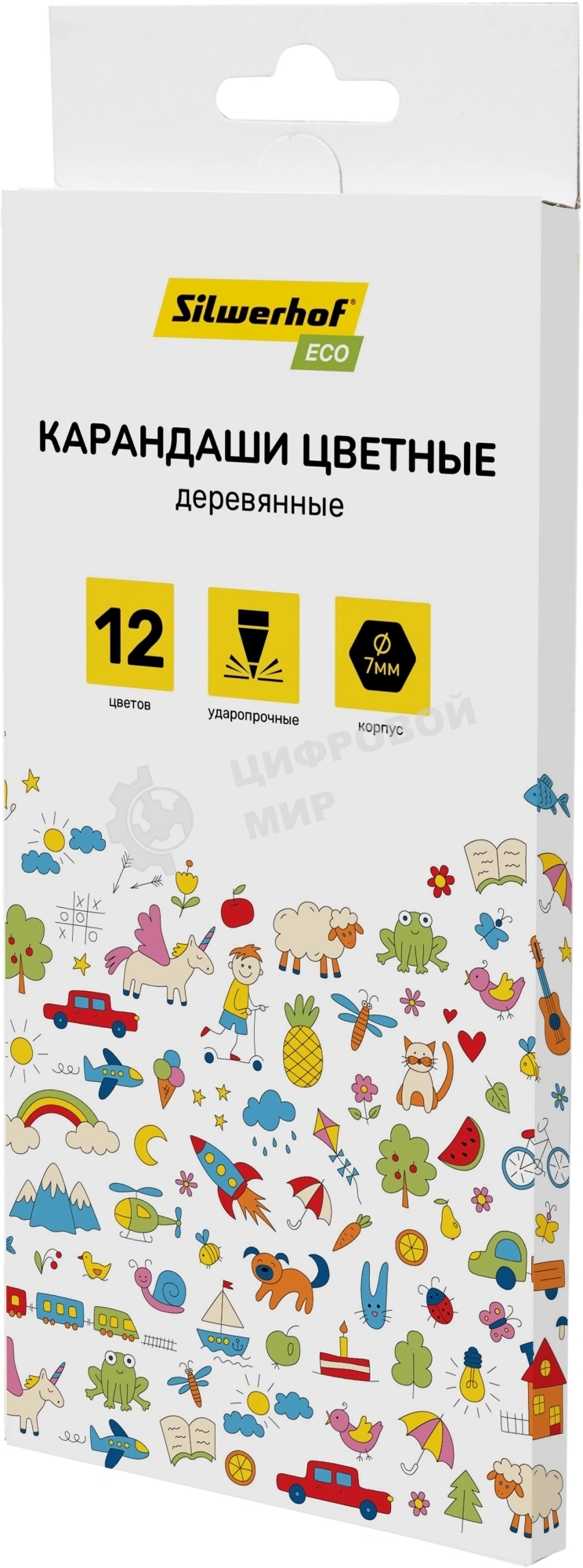 Карандаши цветные Silwerhof Eco 2.65 мм, шестигранный профиль, дерево, ассорти, 12 цветов, коробка с европодвесом