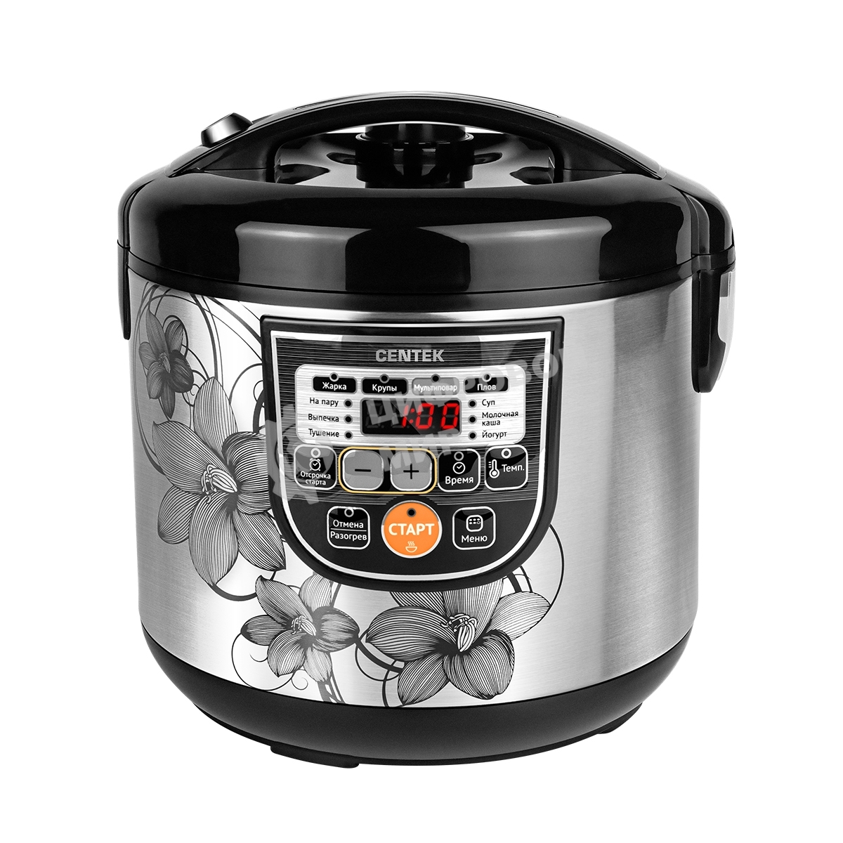 Мультиварка Centek CT-1498 Ceramic черный, сталь 700 Вт, 5.0л, КЕРАМИЧЕСКОЕ ПОКРЫТИЕ ЧАШИ, 10 пр-м.