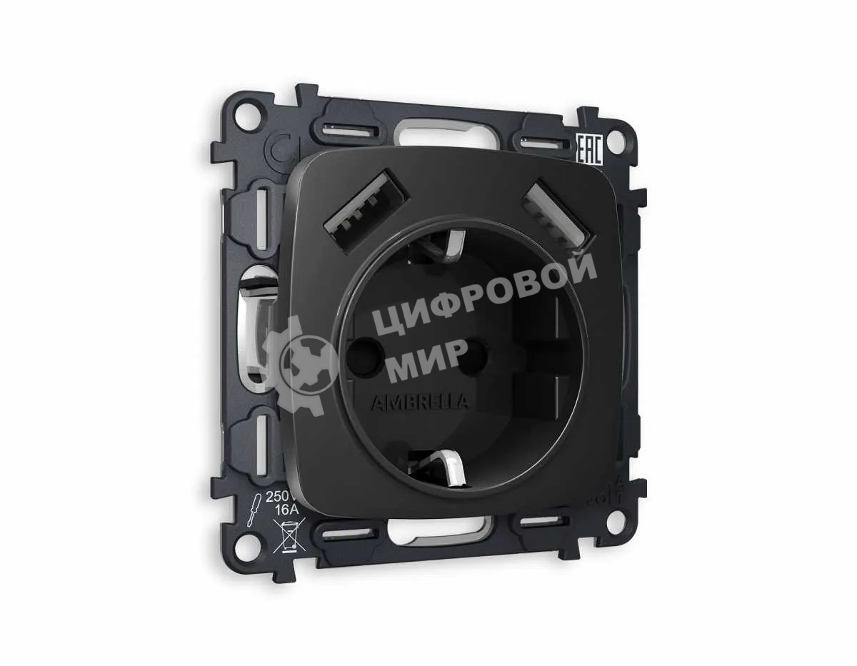 Комплект механизма электрической розетки OMEGA Черный матовый 2USB A+A 18W (быстрая зарядка) с/з QUANT (OP8090, VM155) MO809010