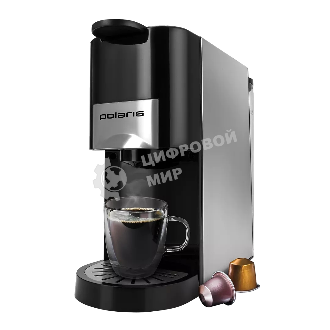 Кофеварка Polaris PCM 2020 3-in-1 черный/нержавеющая сталь, исп. кофе - молотый/капсулы, 0.8 л, 1450 Вт, 20 бар