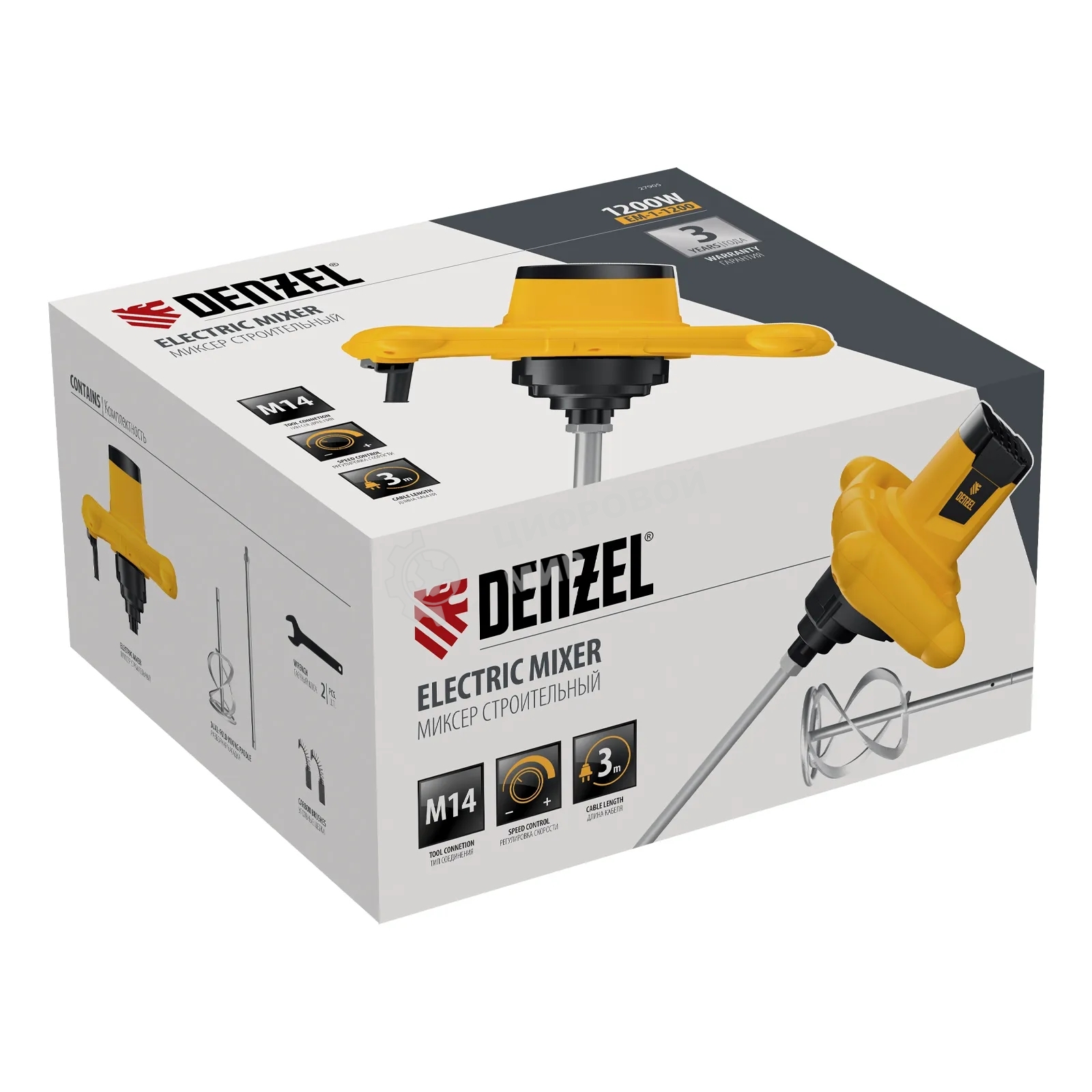 Миксер строительный Denzel EM-1-1200, 1200 Вт, 0-680 об/мин