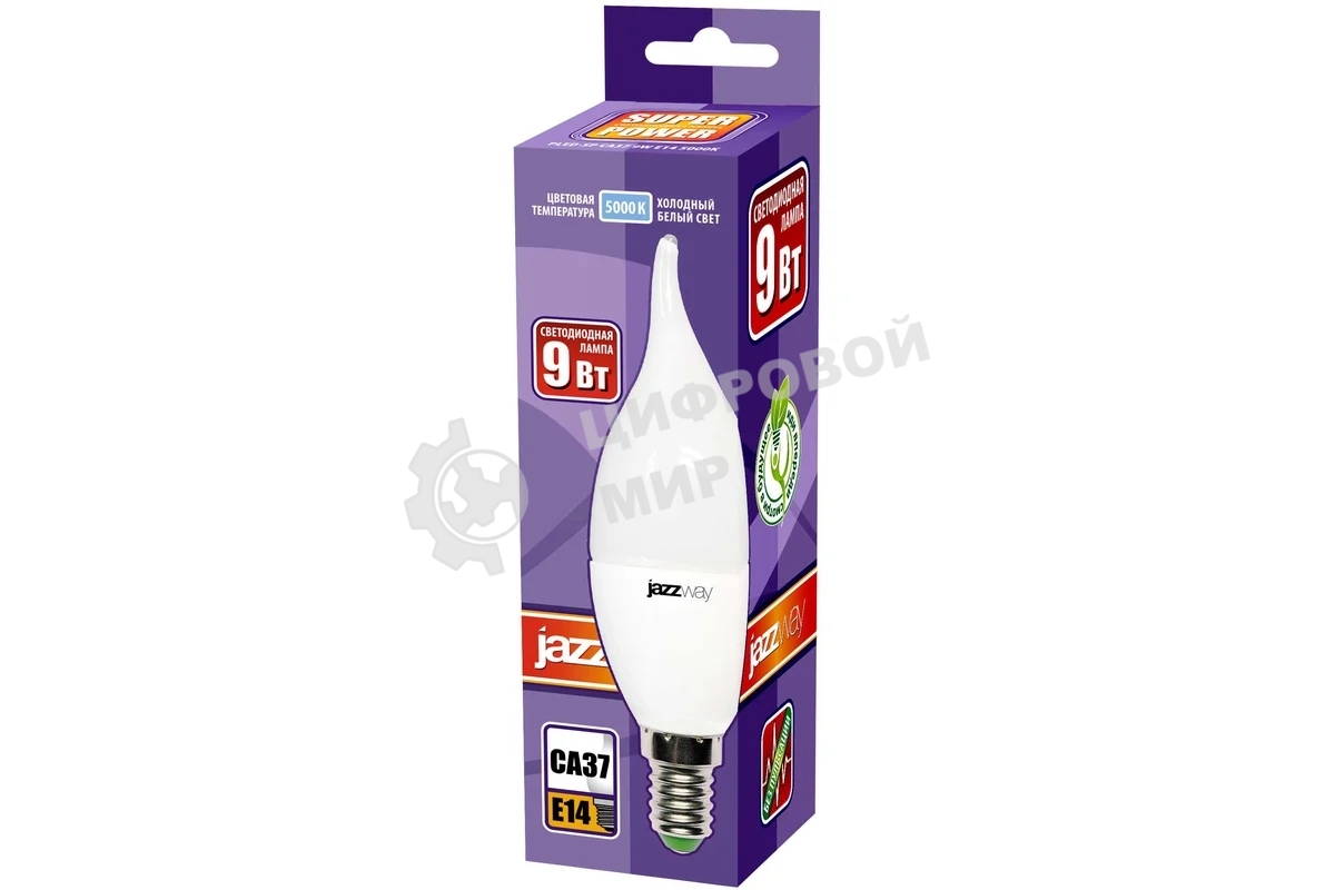 Лампа светодиодная JazzWay PLED-SP CA37 9Вт свеча 5000К холодный белый E14 820лм 230В