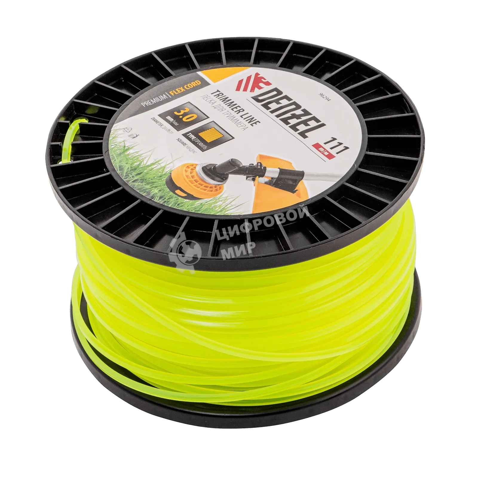 Леска для триммера Denzel квадрат, 3,0мм х 111м, на DIN катушке FLEX CORD