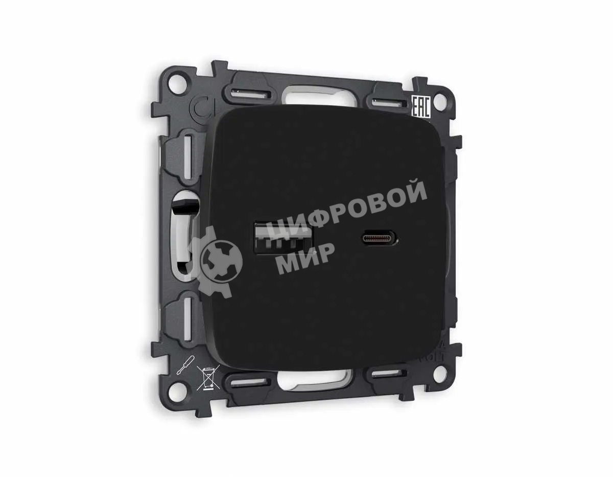 Комплект механизма розетки OMEGA Черный матовый 2USB A+C 20W (быстрая зарядка) QUANT (OP8110, VM177) MO811010