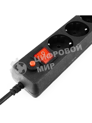 Сетевой фильтр Гарнизон 6 р, 10А, 5 м, ур.защиты 4, черный, пакет