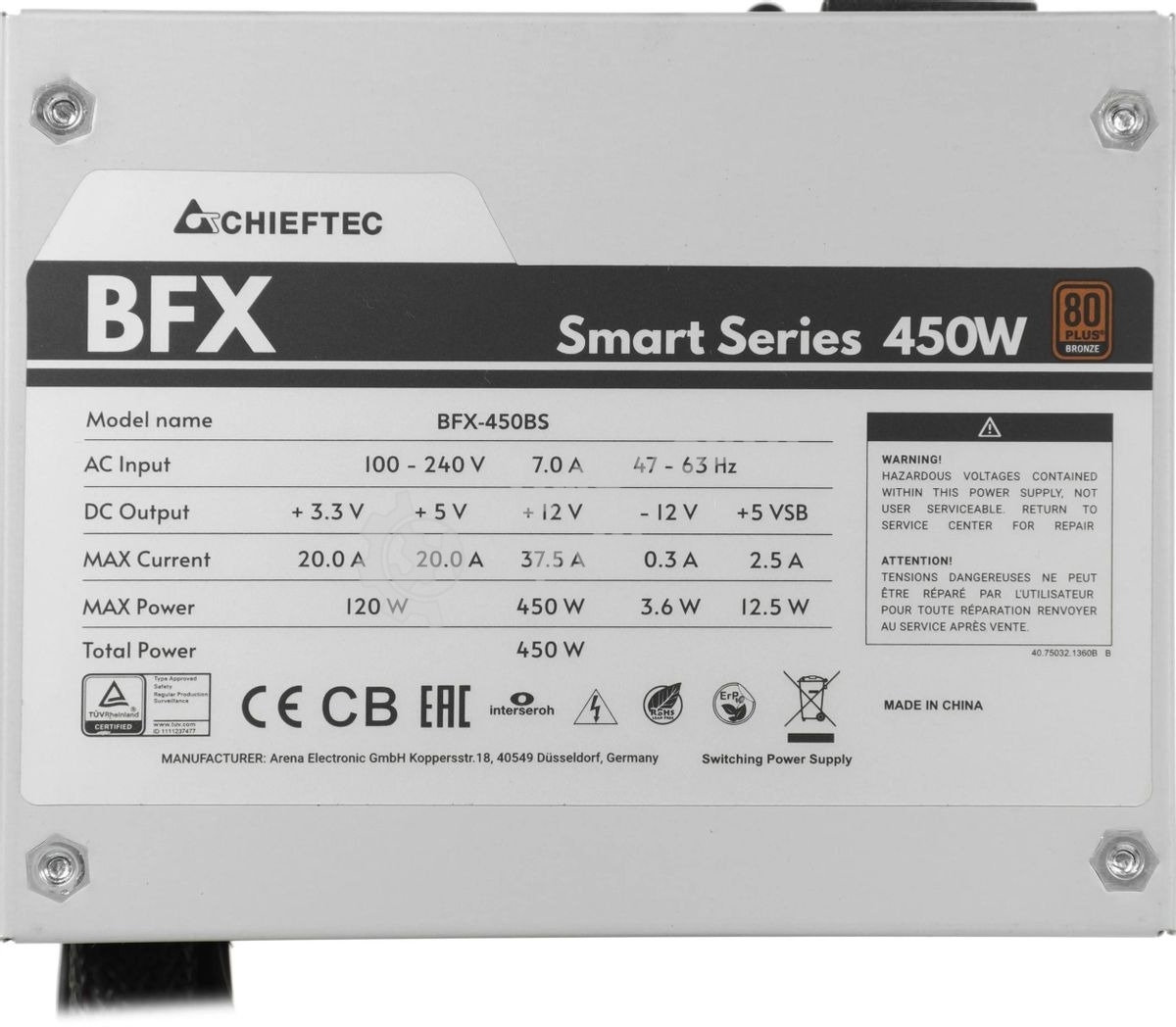 Блок питания Chieftec Smart BFX-450BS, 450Вт, 80 PLUS Bronze, 90мм, серебро