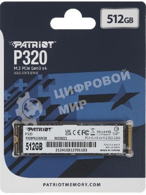 Накопитель SSD Patriot P320, 512Gb, PCIe 3.0 x4, M.2 2280, NVMe, R/W 3000/2200