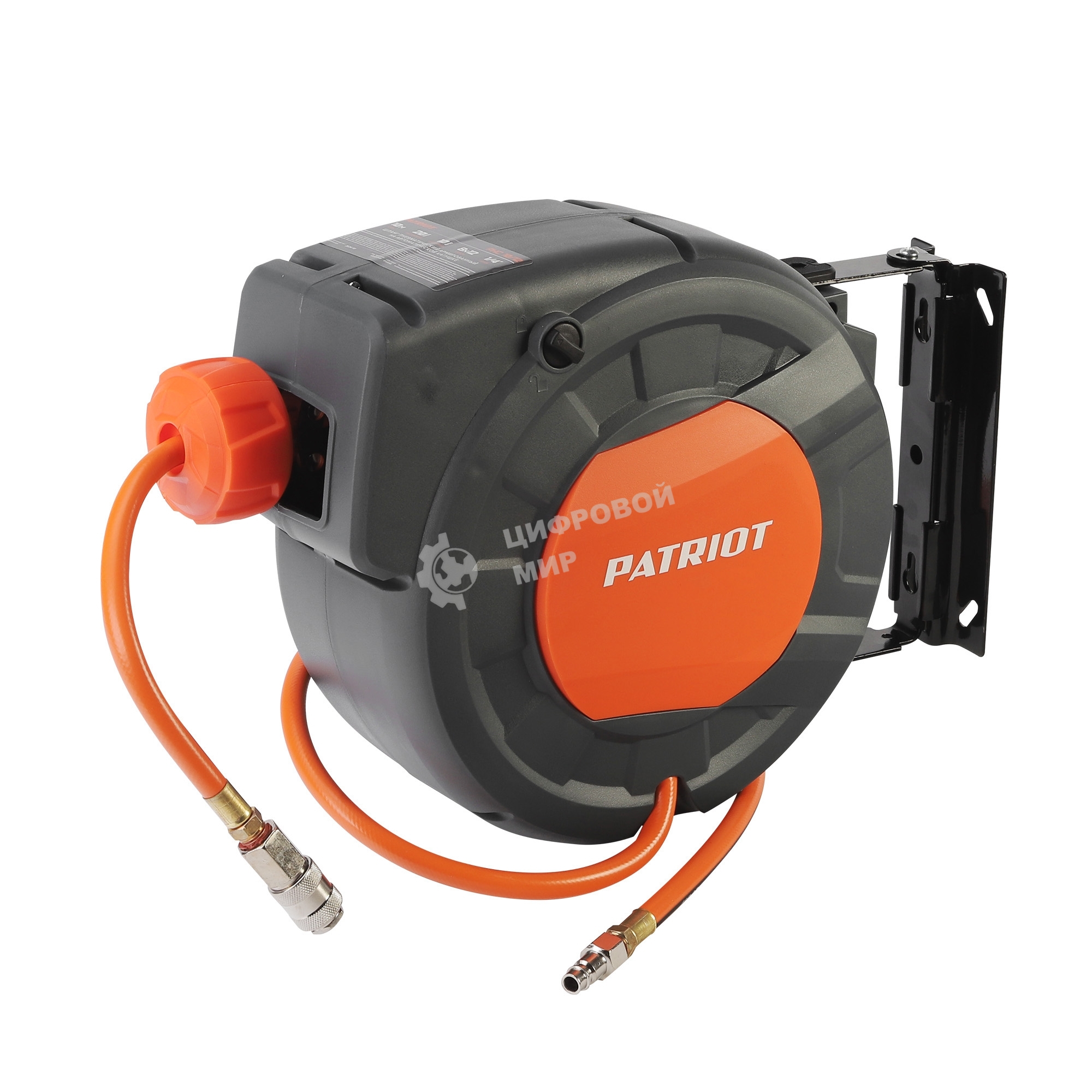 Шланг Patriot 520002425 пневматический армированный на автоматической катушке PHC 10/16 (прямой, ПВС армированный, длина 10 м, диаметр 10х16, раб/макс давление 10/20 бар, мин/макс температура -5/45С, быстросъем рапид, резьба 1/4)