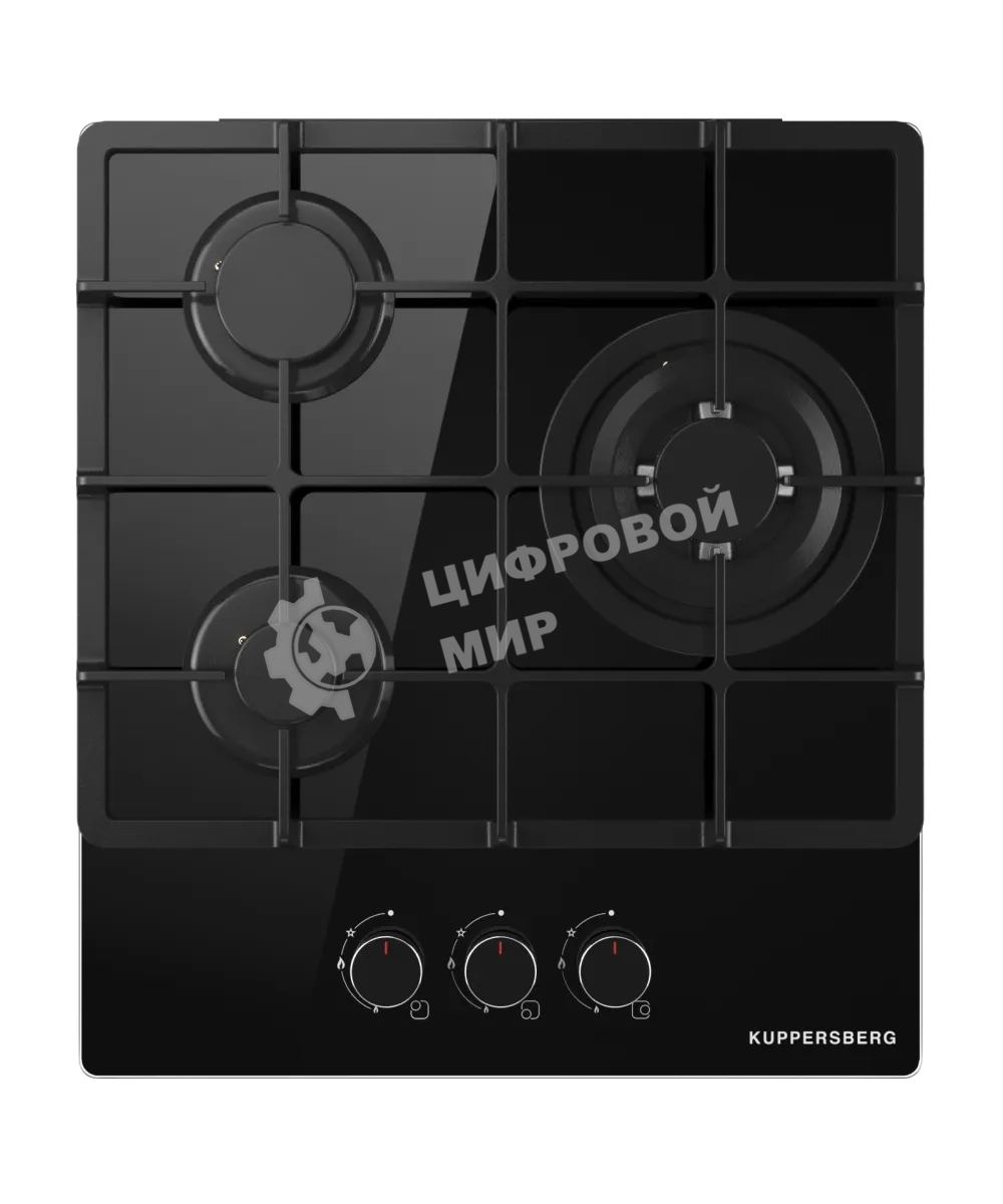 Варочная поверхность Kuppersberg FG 40 B, газ, High-Tech, 45 см, автоматический электроподжиг, газ-контроль, SABAF конфорки, чугунные решетки, WOK конфорка, цвет черное стекло, цвет фурнитуры черный