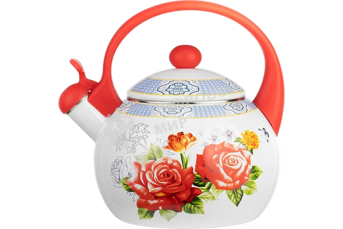 Чайник для плиты LR00-20 LARA (эмаль) RED 2.5 л, индукционное дно, свисток, автоподъем крышки