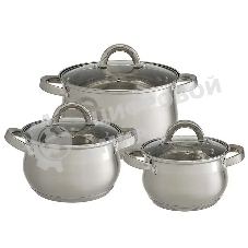 Набор посуды WEBBER BE-616/6 из нерж.стали 6 пр. 2,1 л, 2,9 л, 3,9 л со стеклянными крышками В наборе 6 предметов: кастрюля со стеклянной крышкой 16х10,5 см; 2,1 л кастрюля со стеклянной крышкой 18х11,5 см; 2,9 л кастрюля со стеклянной крышкой 20х12,5см; 3,9л Толщина стали 0,5 мм