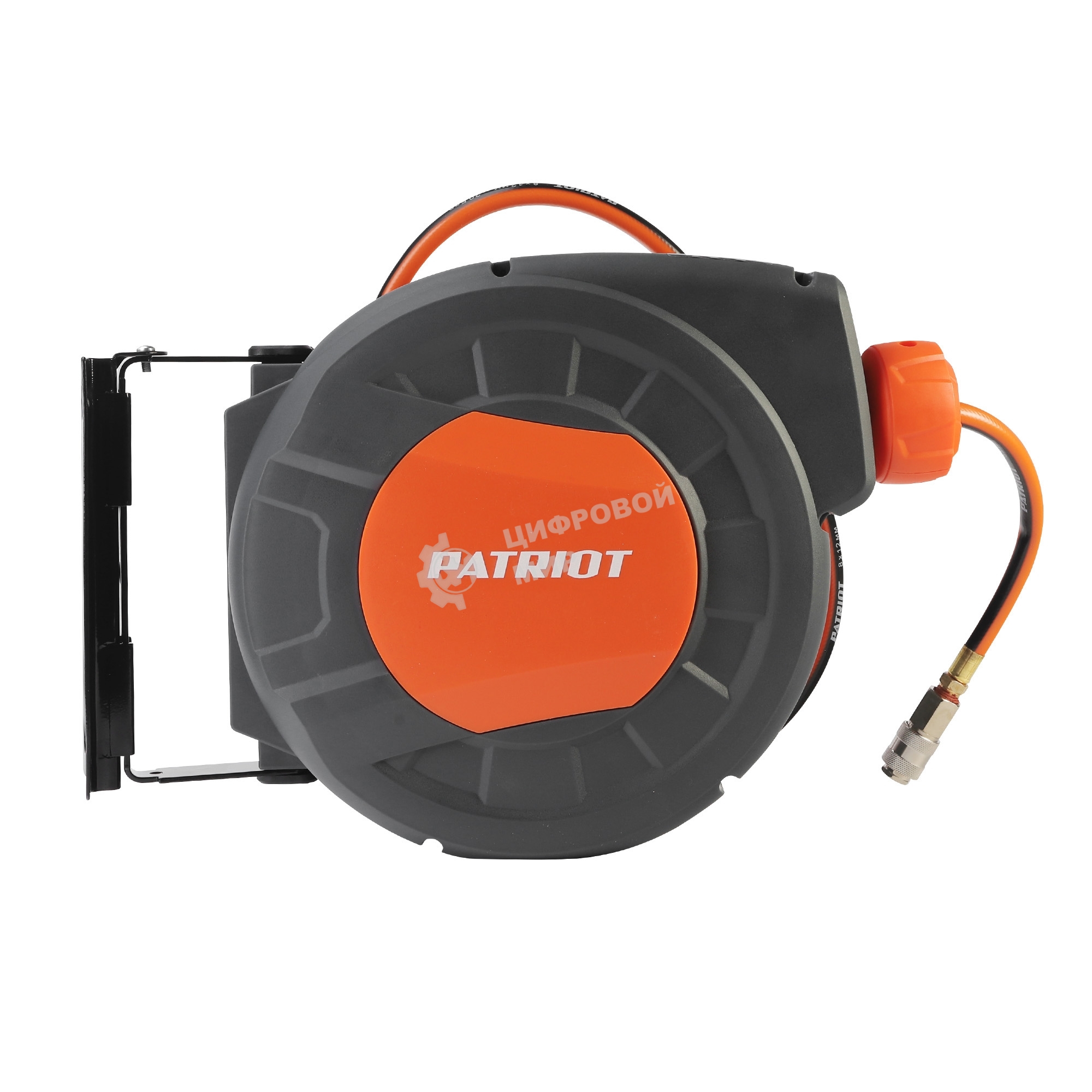 Шланг Patriot 520002425 пневматический армированный на автоматической катушке PHC 10/16 (прямой, ПВС армированный, длина 10 м, диаметр 10х16, раб/макс давление 10/20 бар, мин/макс температура -5/45С, быстросъем рапид, резьба 1/4)