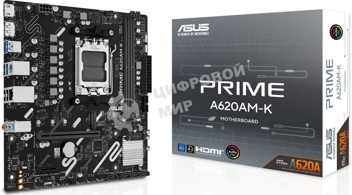 Материнская плата ASUS PRIME A620M-K, AM5, AMD A620, 2xDDR5, 4xSATA, 1xM.2, 1xPCIe 4.0 x16, 1xPCIe 3.0 x1, 1xHDMI, 1xDP, 1x1Gb LAN, 4xUSB-A 5Gbps, 2xUSB-A 2.0, 3x3.5 мм, 7.1, mATX