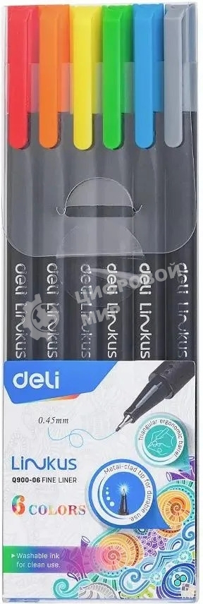 Набор ручек капиллярных Deli Linkus (EQ900-06), d=0.45мм, ассорти чернила, игловидный пишущий наконечник, линия 0.45мм, 6 цветов
