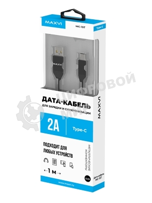 Кабель Maxvi MC-15T black, USB-A - Type-C, 2A ток макс. нагрузки 2А, макс. напряжение 5V; стандарт USB 2.0; плоский кабель, длина 1м, оплетка TPE, металлические корпуса разъемов, цвет черный