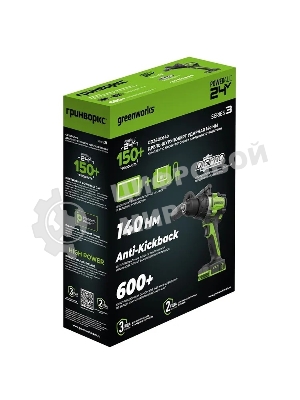 Дрель-шуруповерт аккумуляторная Greenworks GD24DD140 24V, 70/140Нм,Anti-kickback,2х4Ач,ЗУ,кор 3707607CUD