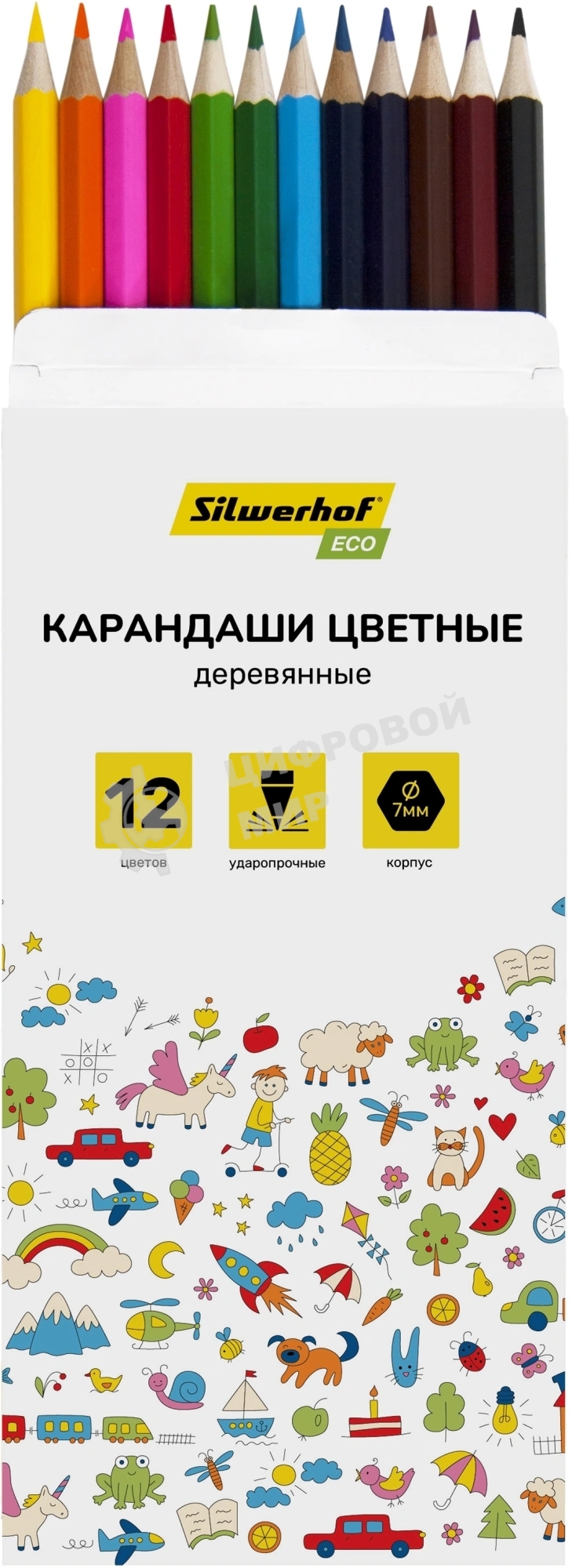 Карандаши цветные Silwerhof Eco 2.65 мм, шестигранный профиль, дерево, ассорти, 12 цветов, коробка с европодвесом