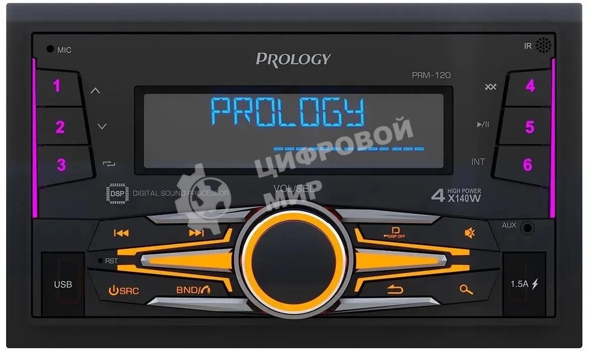 Автомагнитола Prology PRM-120, 2 DIN, Bluetooth, USB Type-A, AUX, пульт ДУ