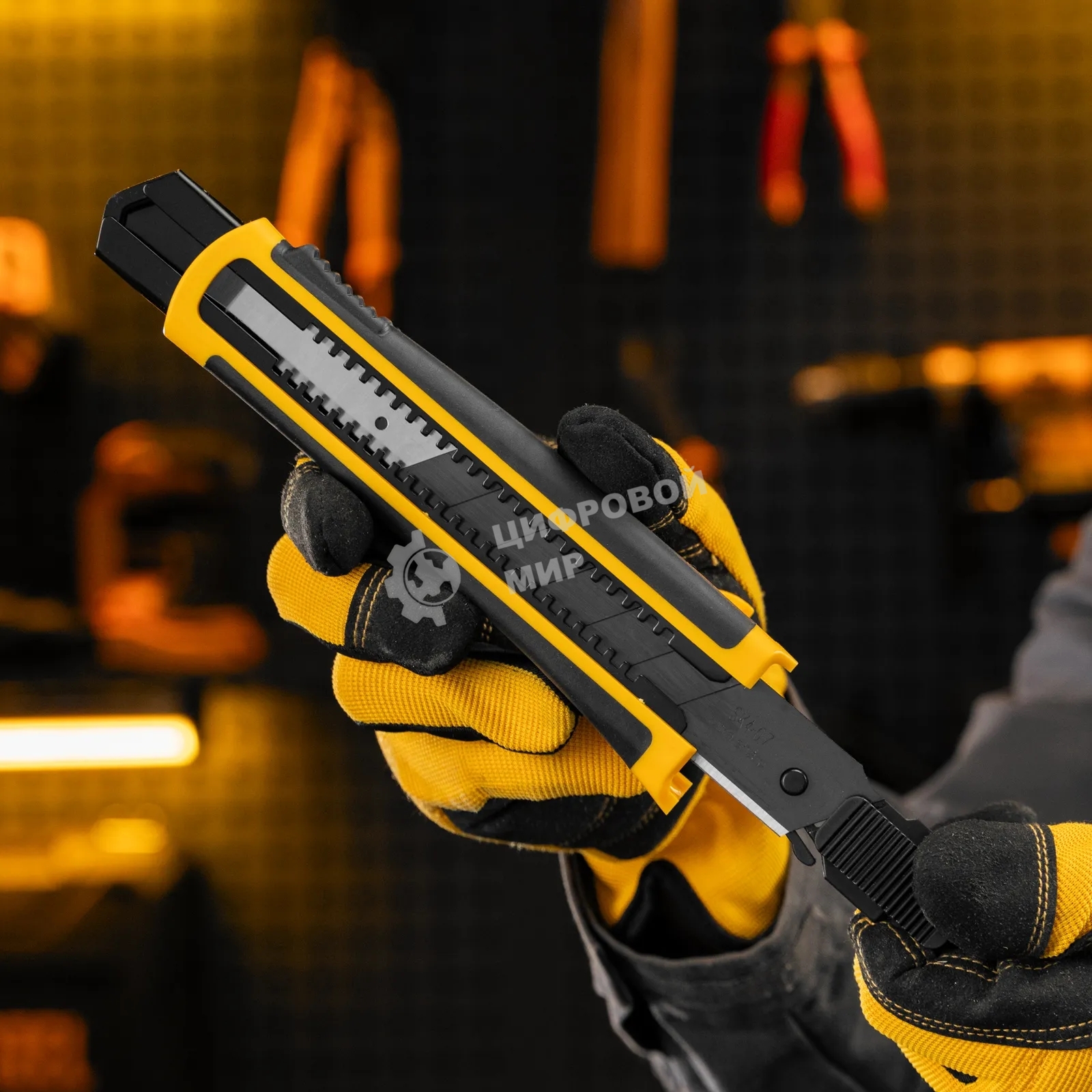 Нож Denzel 25 мм, сменное лезвие, SK4, корпус из ABS + TPR, торцевой зажим